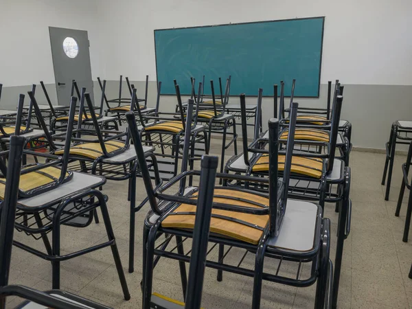Empty school classroom. Teacher strike concept.