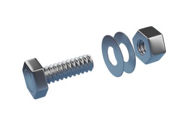 Beyaz arka planda fındıklı civata ve contalar var. 3d illüstrasyon.