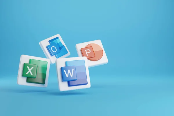 Buenos Aires, Arjantin; 16 Eylül 2023: Microsoft Office paketinde yer alan programların üç boyutlu simgeleri. 3d illüstrasyon.
