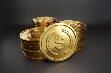 Golden USDC coins on dark background. 3d iluustration. clipart