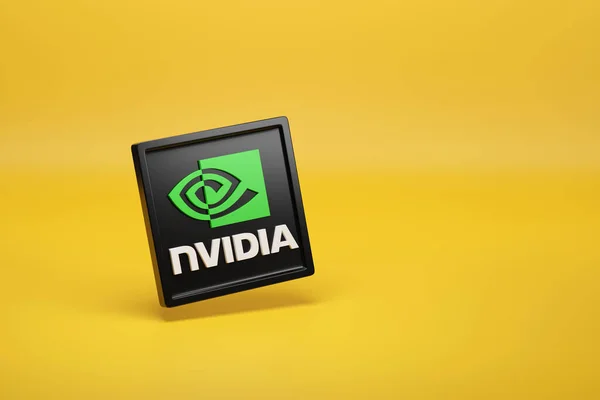 Buenos Aires, Arjantin; 12 Eylül 2023: Sarı arka planda üç boyutlu Nvidia logosu. 3d illüstrasyon.