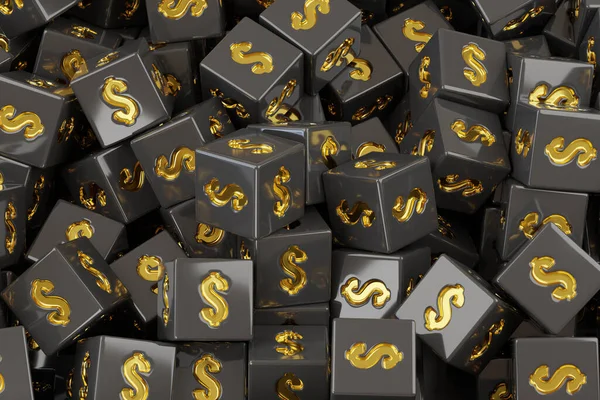Black dice with golden dollar signs background. 3d illustration.