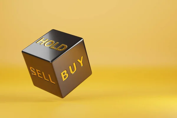 Rolling dice with words vemder, buy and hold isolated on yellow background. 3d illustration.