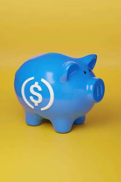 Piggy bank with USDC sign on yellow background. 3d illustration.