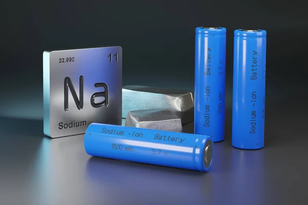 Sodyum - iyon pilleri, metalik sodyum ve element sembolü. 3d illüstrasyon.