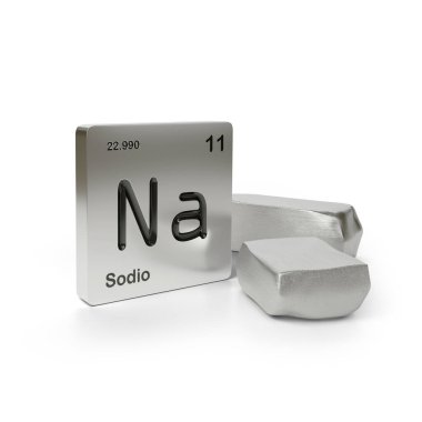 Beyaz zemin üzerinde izole edilmiş metalik sodyum yakınındaki İspanyolca periyodik tablodan sodyum element sembolü. 3d illüstrasyon.