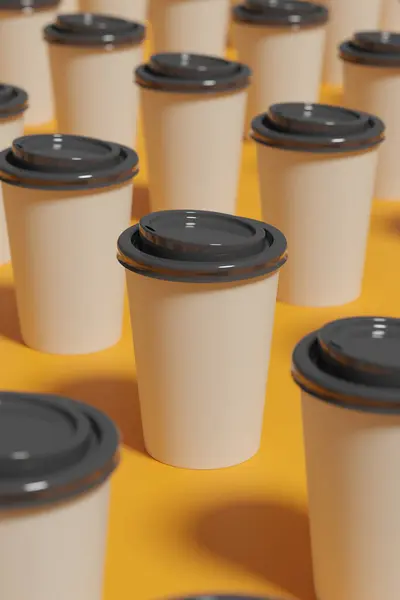 Group of disposable coffee cups on a yellow background. 3d illustration.