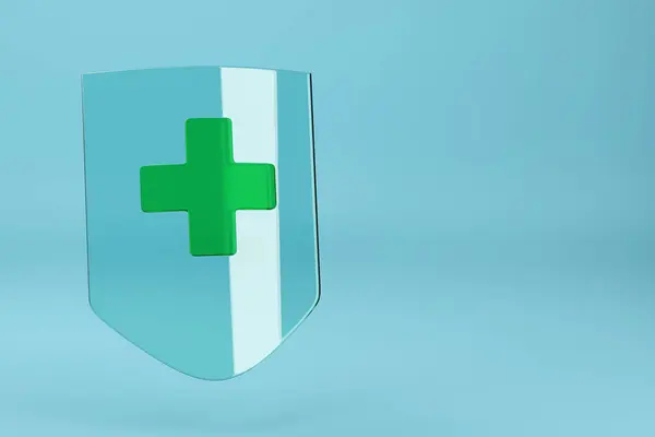 Crystal shield with a green cross isolated on blue background. Medical guard shield icon. 3d illustration.