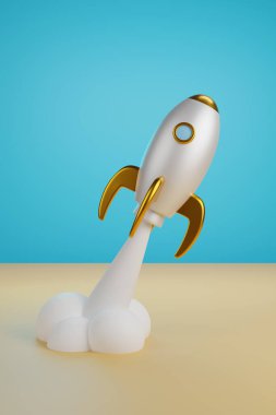 Çizgi film uzay uçağı kalkıyor. 3d illüstrasyon.