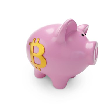 Kopya uzayı olan Bitcoin işaretli bir kumbara. 3d illüstrasyon.