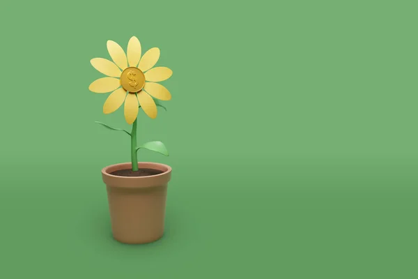 Cartoon money plant in a pot isolated on green background with copy space. 3d illustration.