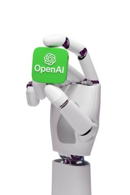 Buenos Aires, Arjantin; 15 Aralık 2023: OpenAi logosunu tutan robotik el beyaz arka planda izole edildi.