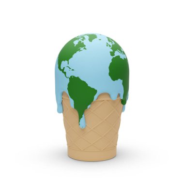 Dondurma, beyaz arka planda izole edilmiş dünya şeklinde eriyor. Küresel ısınma kavramı. 3d illüstrasyon.