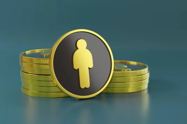 Golden coins stacked with figures of people. 3d illustration.