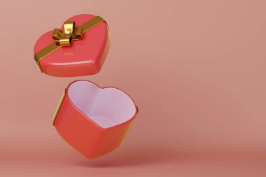 Kırmızı kalp şeklinde hediye kutusu ve fotokopi alanı. 3d Görüntü.