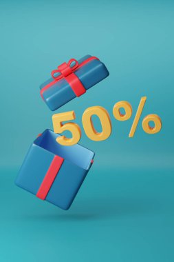 Mavi arka plandaki hediye kutusundan% 50 sağlam mesaj geliyor. 3d illüstrasyon.