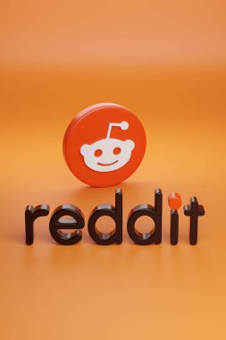 Buenos Aires, Arjantin - 29 Aralık 2023: Reddit logosu ve turuncu arka planda izole edilmiş katı metin. 3d illüstrasyon.