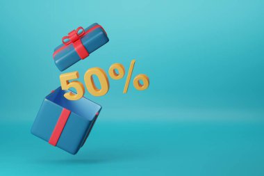 Fotokopi alanı olan bir hediye kutusundan% 50 sağlam mesaj geliyor. 3d illüstrasyon.