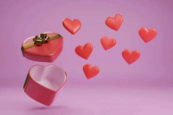 Open heart-shaped gift box with red hearts isolated on a pink background. 3d illustration.