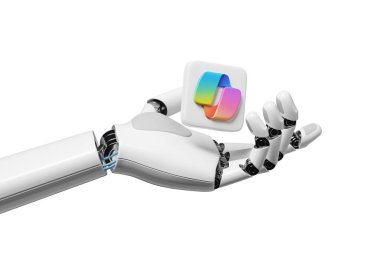 Buenos Aires, Arjantin - 11 Ocak 2024: Robotik el bir yardımcı pilot logosu tutuyor. 3d illüstrasyon.