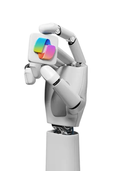 Buenos Aires, Arjantin - 11 Ocak 2024: Beyaz arka planda izole edilmiş bir yardımcı pilot logosu tutan robotik el. 3d illüstrasyon.