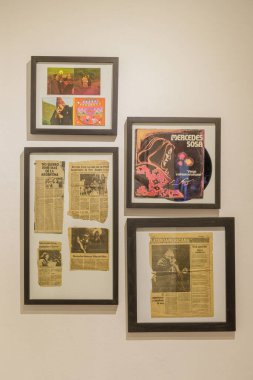San Miguel de Tucuman, Argentina - January 18th, 2024: Wall with journalistic clippings by Mercedes Sosa in her museum. clipart