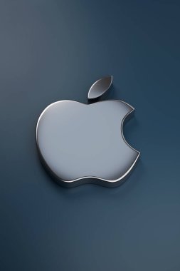 Buenos Aires, Arjantin - 3 Nisan 2024: Mavi arka planda Apple metal logosu. 3d illüstrasyon.