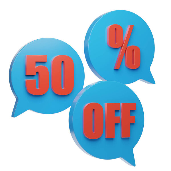 50 percent off speech balloons isolated on white background. 3d illustration.
