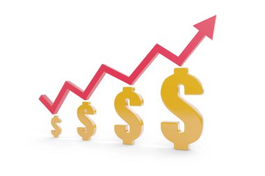 Mavi arka planda dolar işaretleri olan büyüme oku. 3B illüstrasyon.