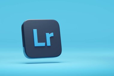 Buenos Aires, Arjantin - 31 Ağustos 2024: Adobe Lightroom üç boyutlu logo üzerinde mavi arkaplan fotokopi alanı. 3d illüstrasyon.