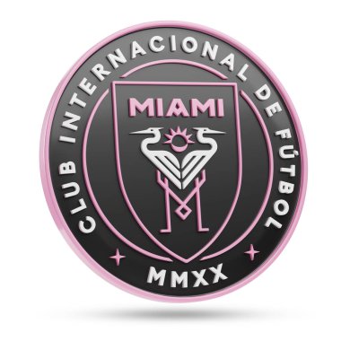 Buenos Aires, Arjantin - 25 Eylül 2024: Beyaz arka planda izole edilmiş üç boyutta Miami Uluslararası futbol takımının amblemi. 3d illüstrasyon.