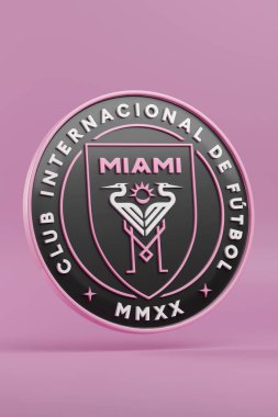 Buenos Aires, Arjantin - 25 Eylül 2024: Pembe arka planda izole edilmiş Miami Uluslararası futbol takımının amblemi. 3d illüstrasyon.