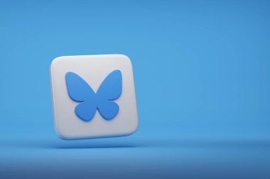Buenos Aires, Arjantin - 18 Kasım 2024: Bluesky logosu mavi arka planda izole edilmiş, kopyalama uzayı ile. 3d illüstrasyon.
