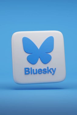 Buenos Aires, Arjantin - 18 Kasım 2024: Mavi arka planda izole edilmiş üç boyutlu Bluesky logosu. 3d illüstrasyon.