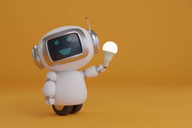 Turuncu arka planda ampulü olan sevimli, mutlu bir robot. 3d illüstrasyon.