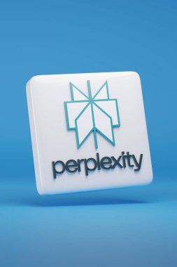Buenos Aires, Arjantin - 18 Mart 2025: Mavi arka planda üç boyutlu Perplexity logosu. 3d illüstrasyon.