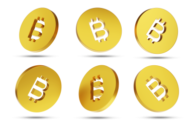 Bitmadeni paralar havada farklı pozisyonlarda süzülüyor, beyaz arka planda izole edilmiş. 3B illüstrasyon.