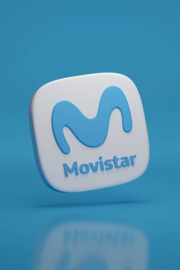 Buenos Aires, Arjantin - 4 Nisan 2025: Movistar logosu mavi arka planda üç boyutta izole edildi. 3B illüstrasyon.