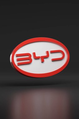 Buenos Aires, Arjantin - 10 Nisan 2025: Siyah arka planda izole edilmiş üç boyutlu BYD logosu. 3B illüstrasyon.