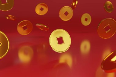 Çin altın sikkeleri kırmızı arka planda izole. 3d illüstrasyon.