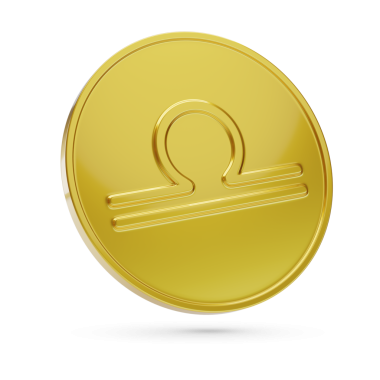 Beyaz arka planda izole edilmiş terazi sembollü sikke. 3B illüstrasyon.