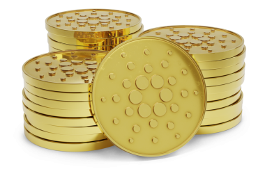 Beyaz arka planda izole edilmiş Cardano şifreli para yığını. 3d illüstrasyon.