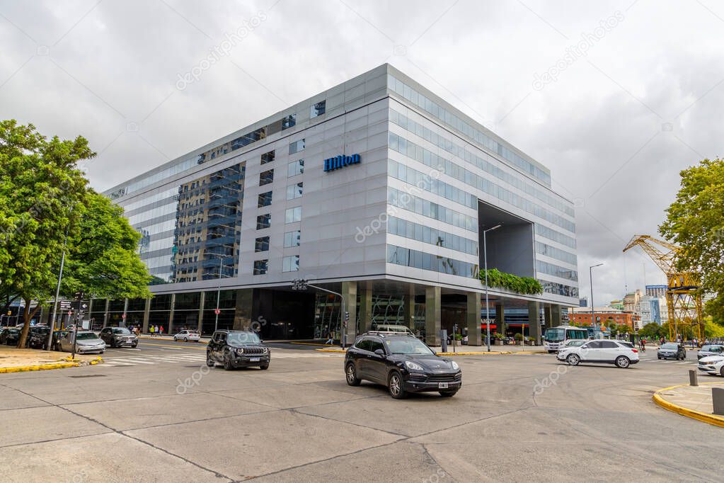 Buenos Aires, Argentina - June 16th, 2025: Facade of the Hilton Hotel in Buenos Aires.