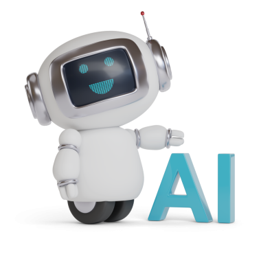 Beyaz arka planda yapay zeka mesajı olan sevimli, mutlu bir robot. 3d illüstrasyon.