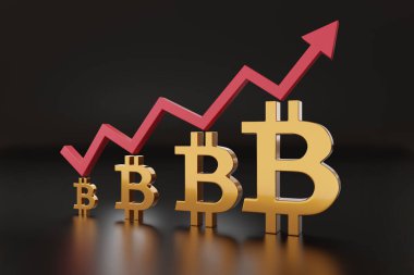Bitcoin işaretli büyüyen ok koyu arkaplanda izole edilmiş. 3B illüstrasyon.