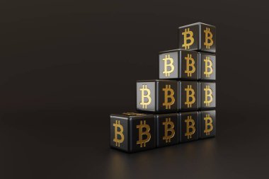 Üzerinde Bitcoin sembolü olan siyah zar fotokopi uzayı ile merdiven şeklinde istiflenmiş. 3B illüstrasyon.