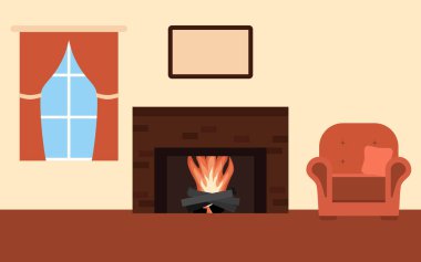 Ateşli ve kanepeli basit vektör illüstrasyon şöminesi