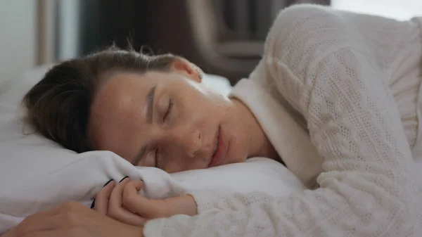 Lazy Weekend Sleepy Caucasian Woman Elegant Pajama Waking Turning Pillow Royalty Free Stock Images