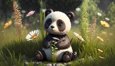 Çiçeklerle çimlerin üzerinde oturan sevimli panda.
