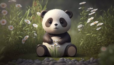 Çiçeklerle çimlerin üzerinde oturan sevimli panda.